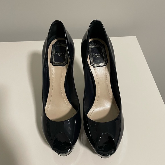 AUTHENTIC RARE NAVY DIOR METAL CANNAGE PEEP TOE HEELS - Picture 3 of 5